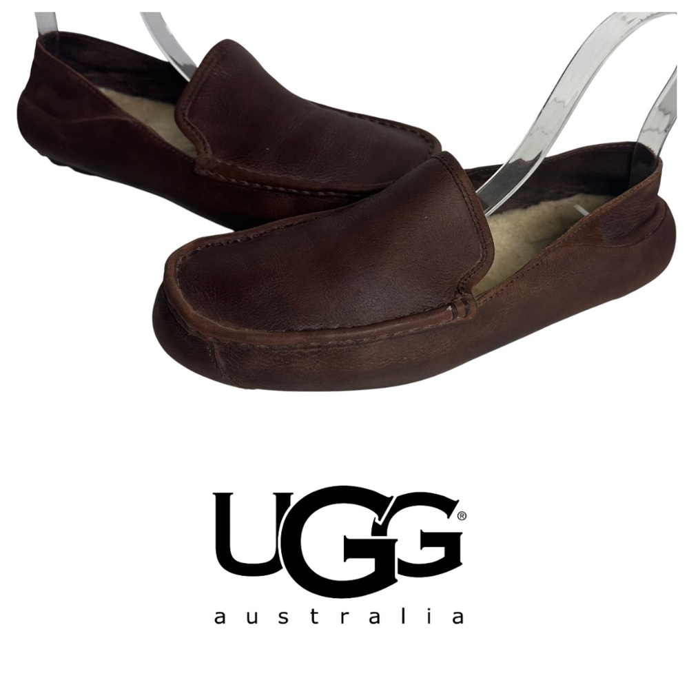 UGG Hunley Loafers Shoes Mens Sz 9 Shearling Lined Brown Leather Driving Mocs - Picture 2 of 9